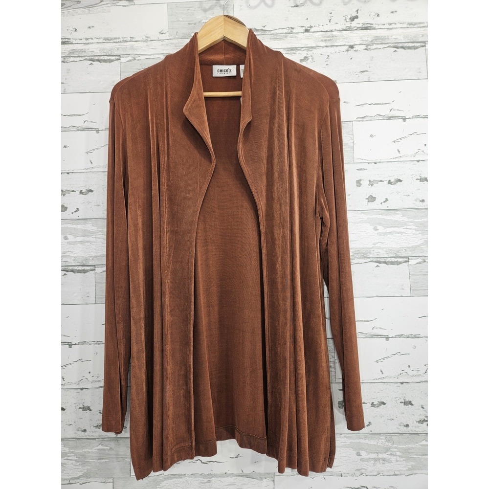 Chicos Travelers Brown Ribbed Open Front Cardigan Shawl Collar Size 2 L Large